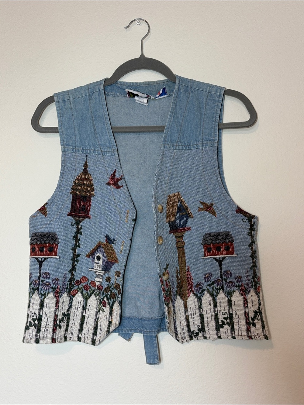 Cottagecore Denim Embroidered Birdhouse Vest in Light Blue